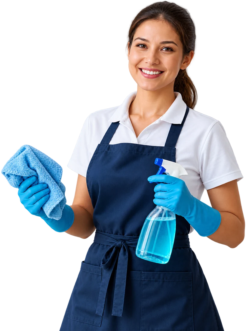 A J&J cleaner in a navy apron and blue gloves, holding a spray bottle and a microfibre cloth