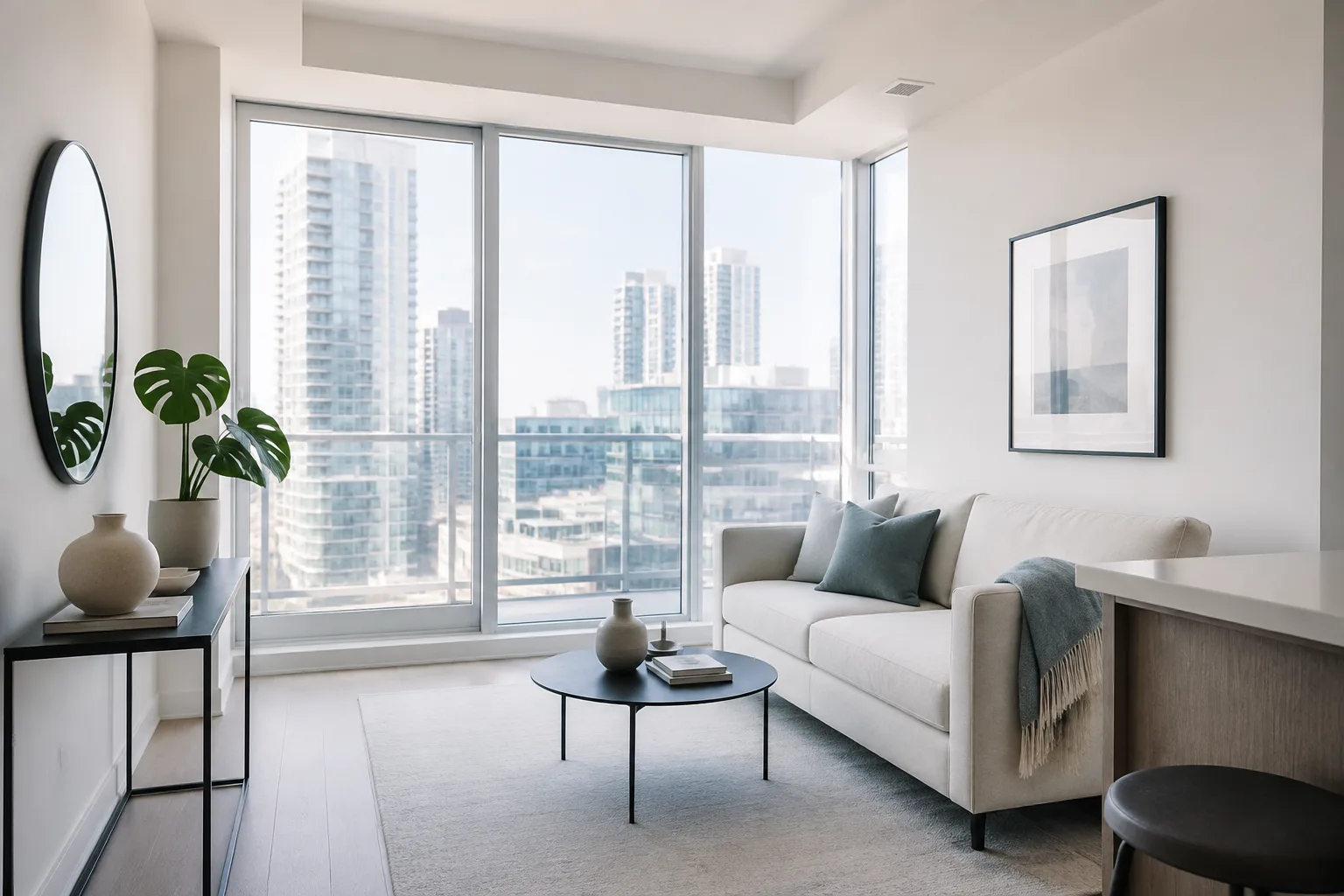 A bright condo living room with a pale sofa and floor-to-ceiling windows overlooking the city