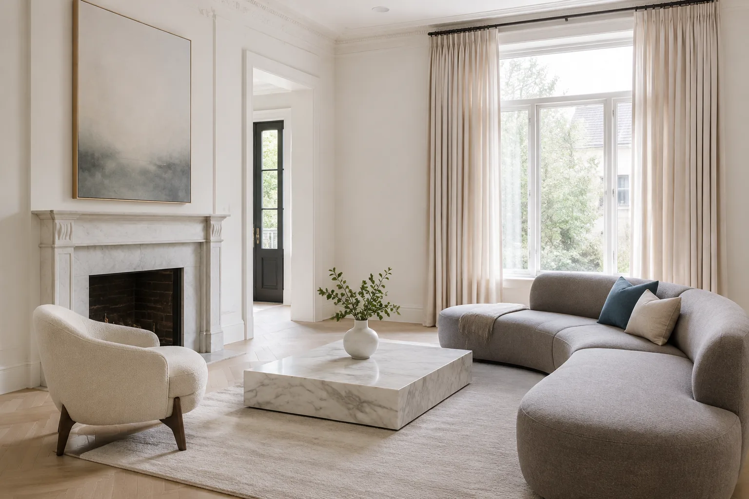 An elegant living room with a marble fireplace, a boucle armchair, a curved grey sectional sofa and tall windows framing a leafy garden view