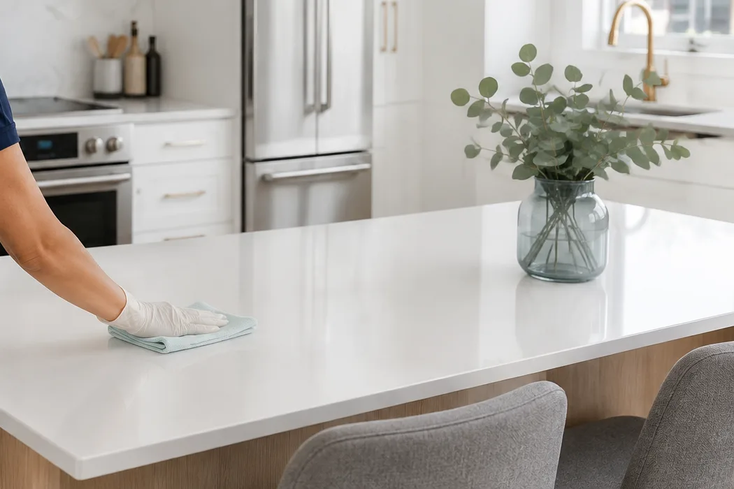 A cleaner in a bright kitchen wiping down a stone countertop with a cloth