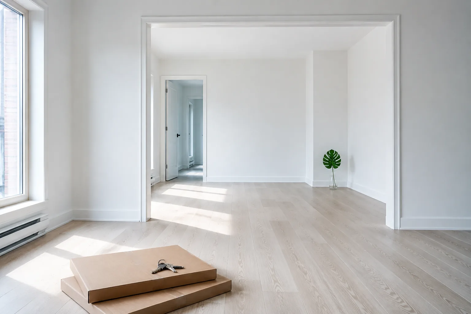 An empty apartment with pale oak floors and a sunlit doorway, with flattened moving boxes and keys in the foreground