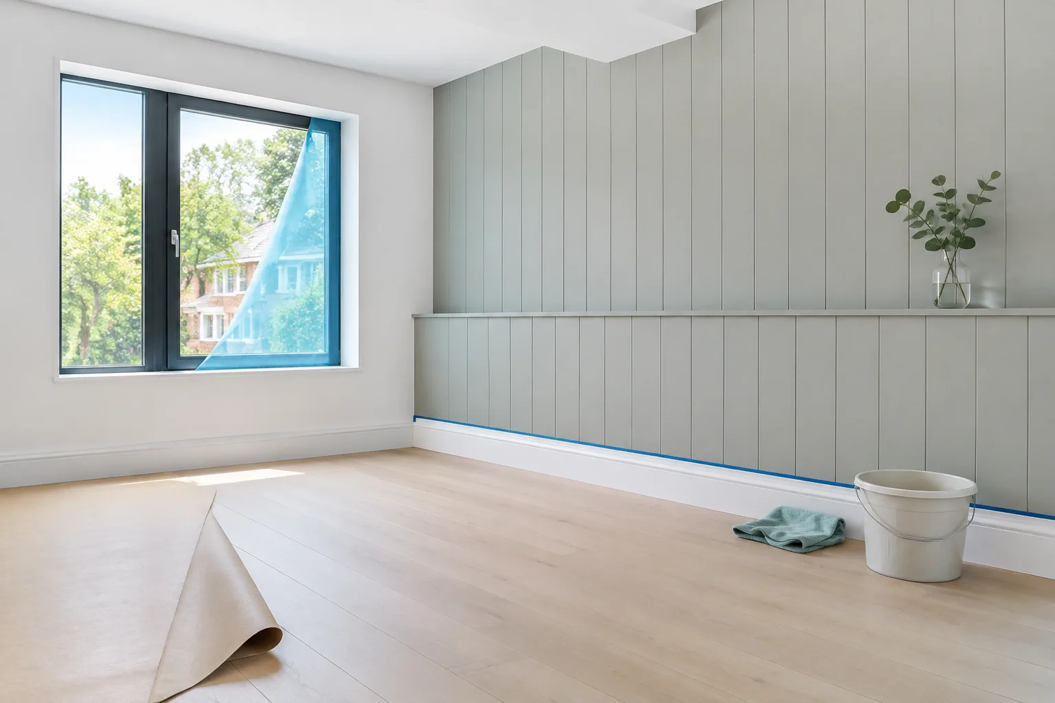 A newly renovated room with fresh oak flooring under protective paper and a sage green panelled wall